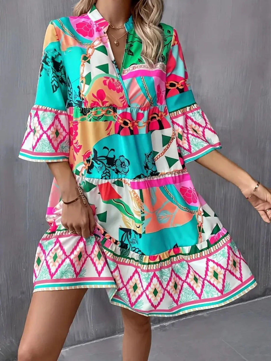 Printed Notched 3/4 Sleeve Tiered Dress - Easy Pickins Store
