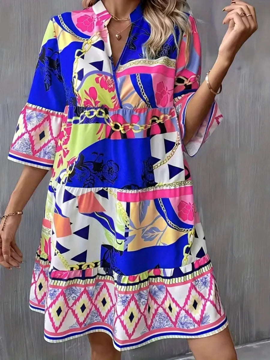 Printed Notched 3/4 Sleeve Tiered Dress - Easy Pickins Store