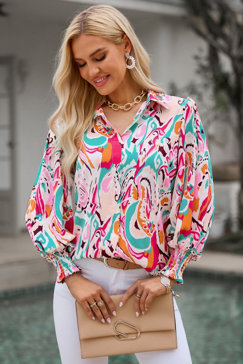 Printed Puff Sleeve Collared Blouse - Easy Pickins Store