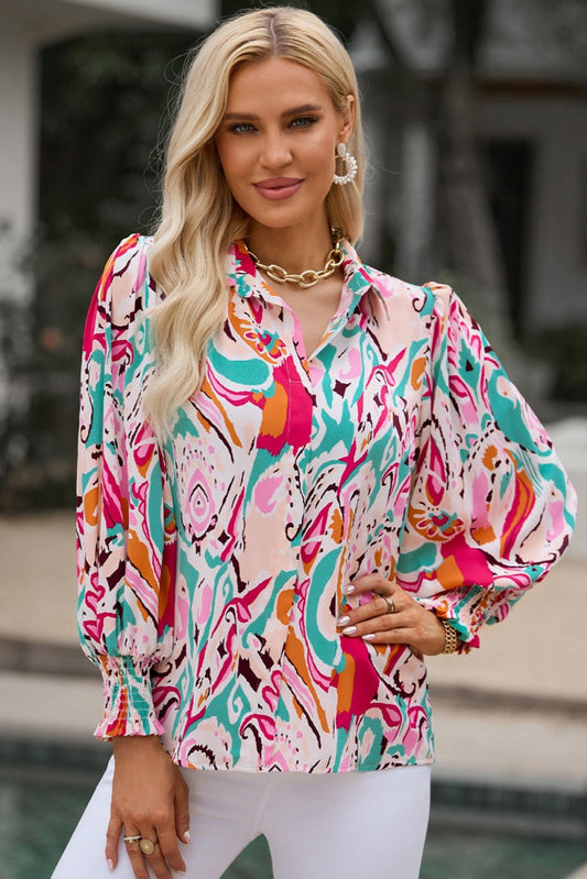 Printed Puff Sleeve Collared Blouse - Easy Pickins Store