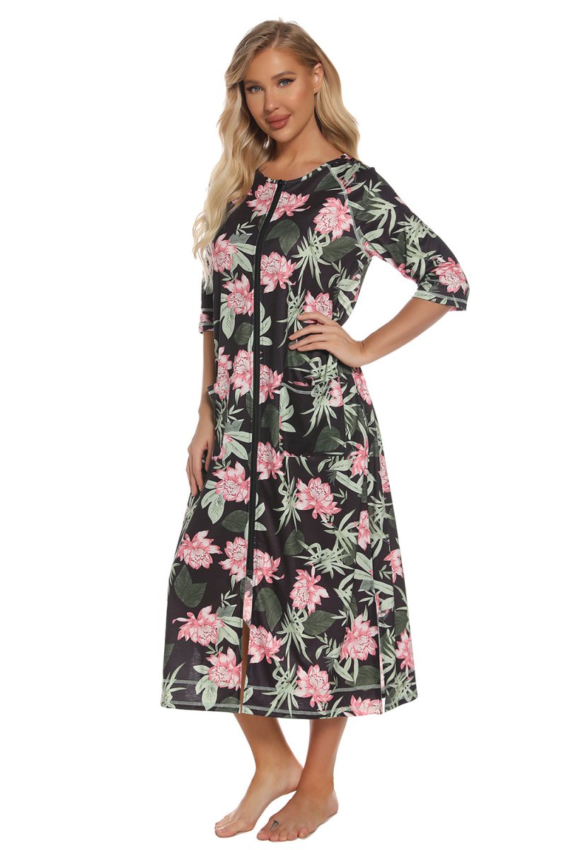 Printed Slit Night Dress with Pockets - Easy Pickins Store