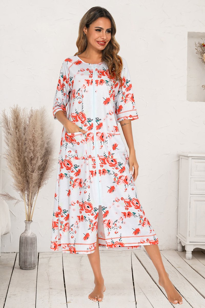 Printed Slit Night Dress with Pockets - Easy Pickins Store