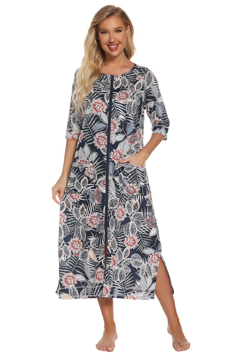 Printed Slit Night Dress with Pockets - Easy Pickins Store