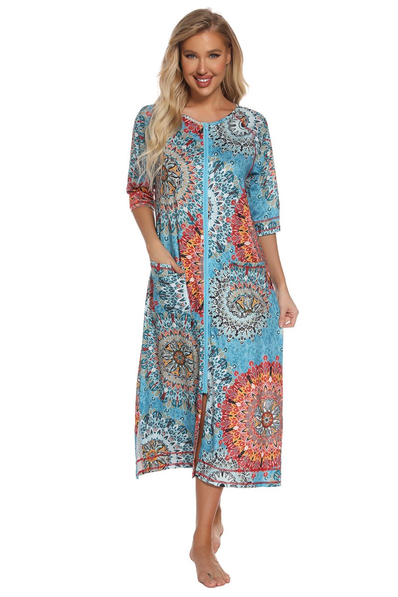 Printed Slit Night Dress with Pockets - Easy Pickins Store