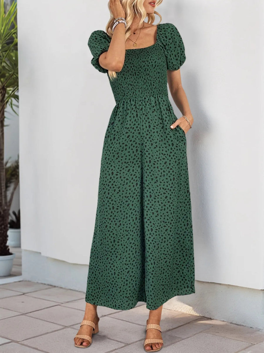 Printed Square Neck Puff Sleeve Jumpsuit - Easy Pickins Store