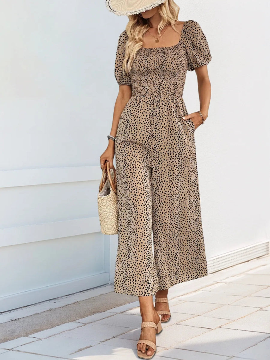 Printed Square Neck Puff Sleeve Jumpsuit - Easy Pickins Store