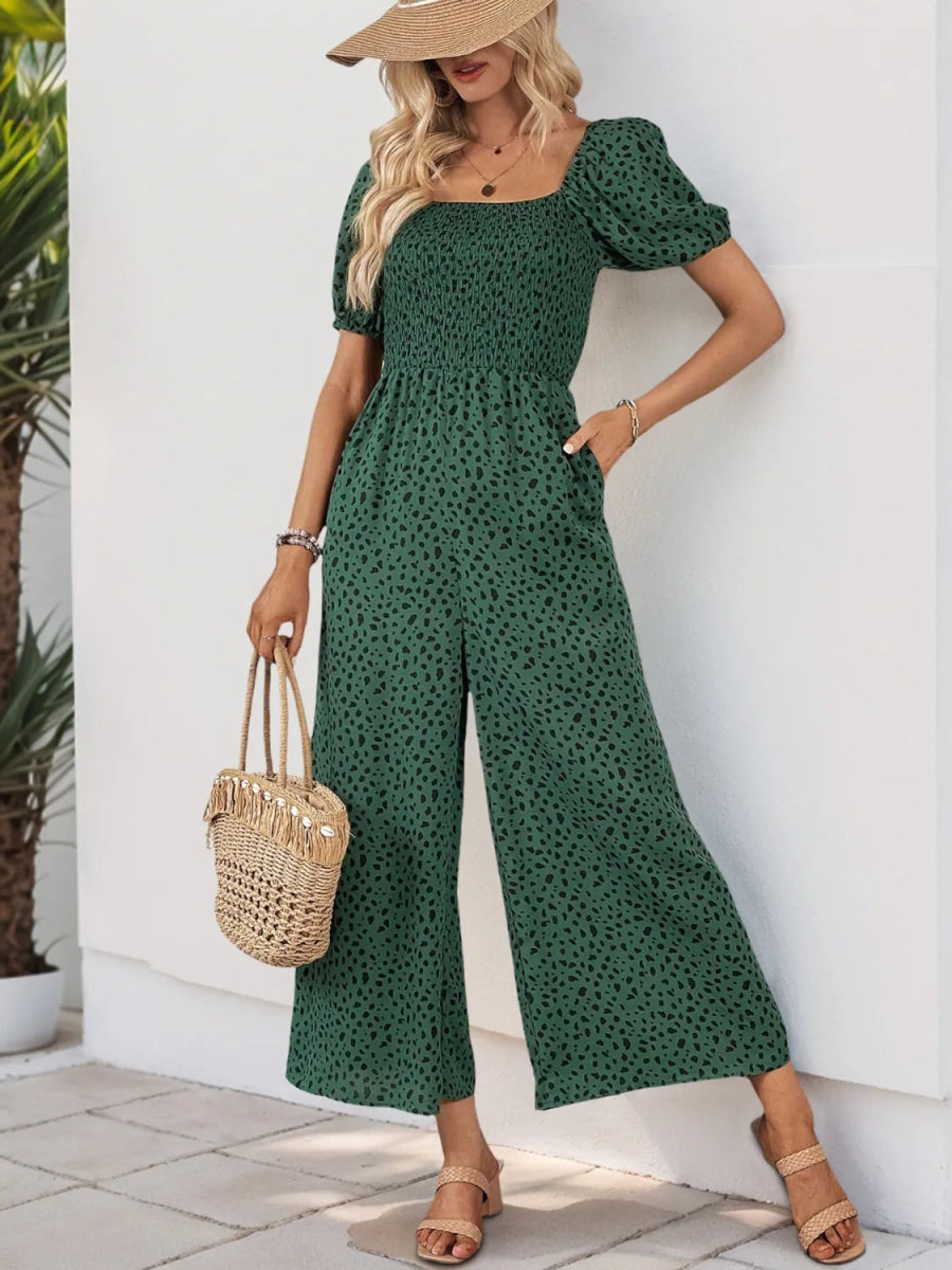 Printed Square Neck Puff Sleeve Jumpsuit - Easy Pickins Store