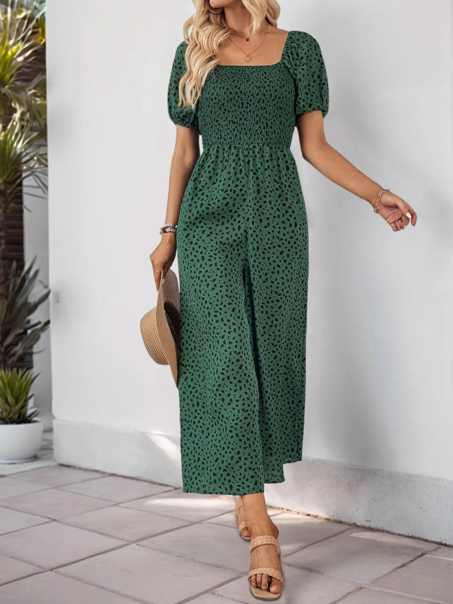 Printed Square Neck Puff Sleeve Jumpsuit - Easy Pickins Store