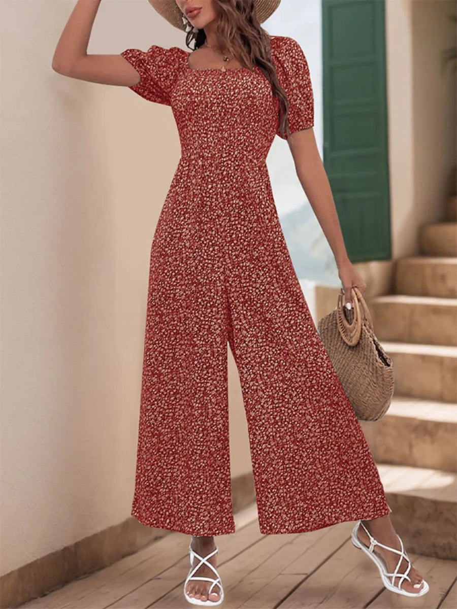 Printed Square Neck Puff Sleeve Jumpsuit - Easy Pickins Store