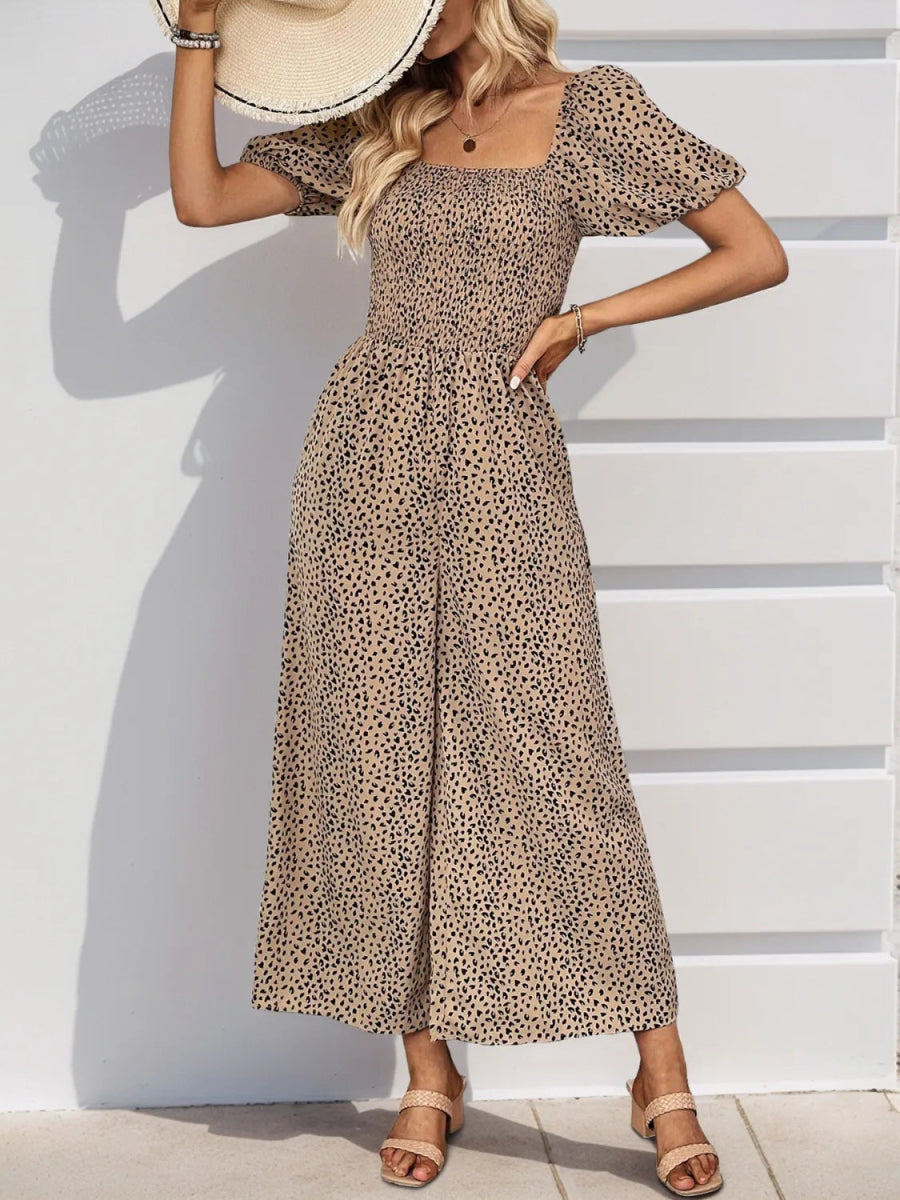 Printed Square Neck Puff Sleeve Jumpsuit - Easy Pickins Store