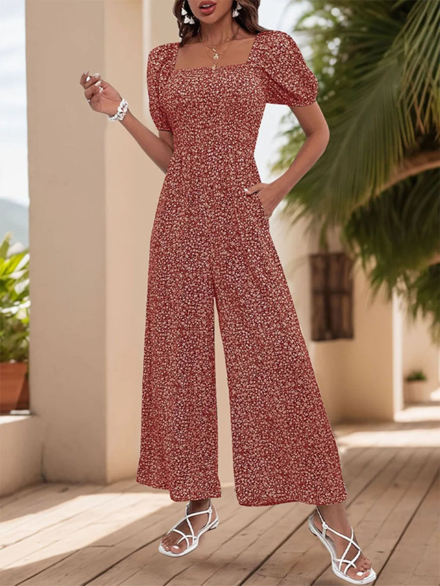Printed Square Neck Puff Sleeve Jumpsuit - Easy Pickins Store