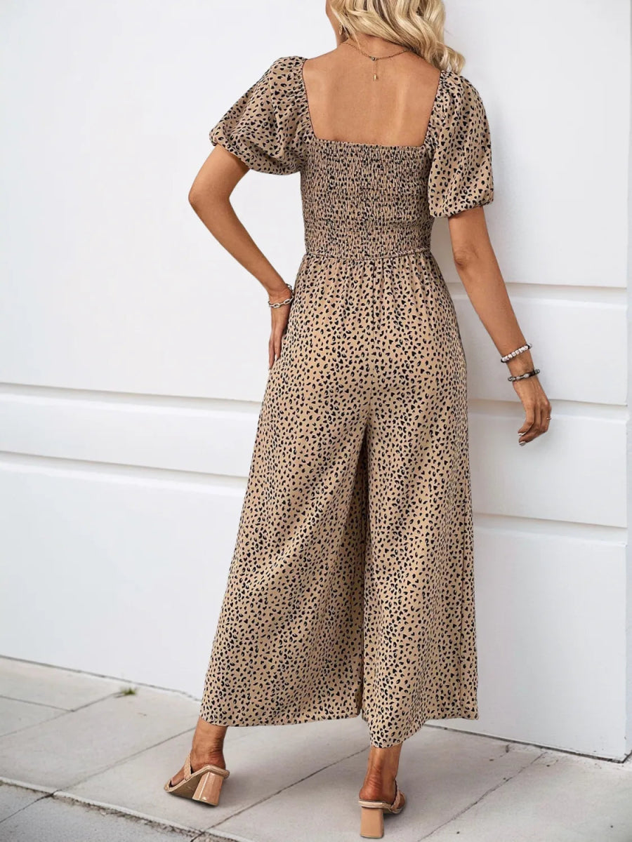 Printed Square Neck Puff Sleeve Jumpsuit - Easy Pickins Store