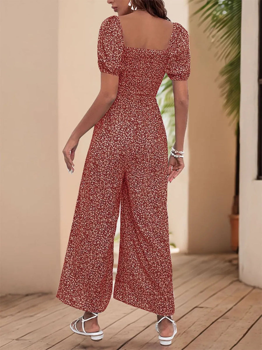 Printed Square Neck Puff Sleeve Jumpsuit - Easy Pickins Store