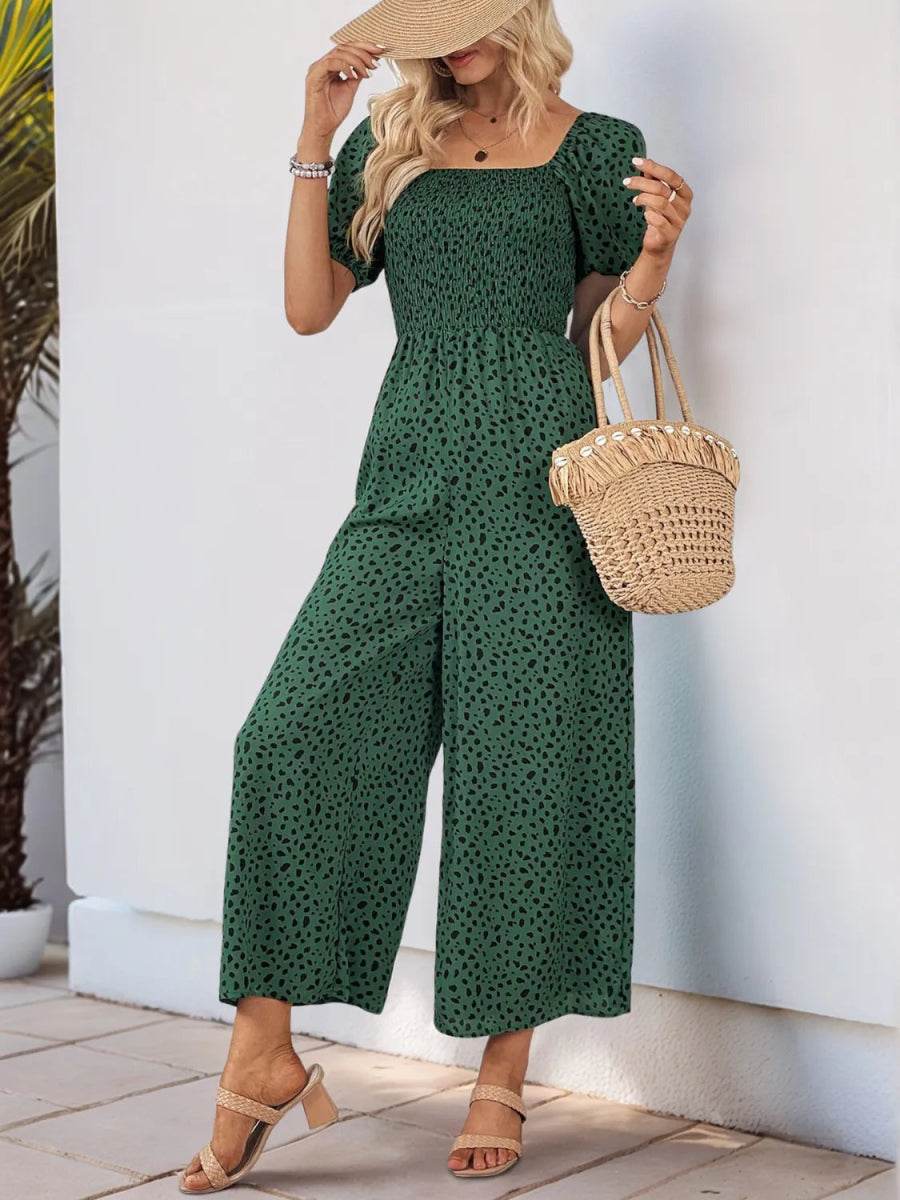 Printed Square Neck Puff Sleeve Jumpsuit - Easy Pickins Store