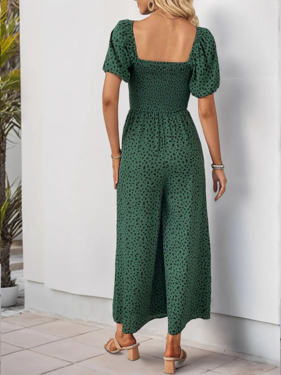 Printed Square Neck Puff Sleeve Jumpsuit - Easy Pickins Store