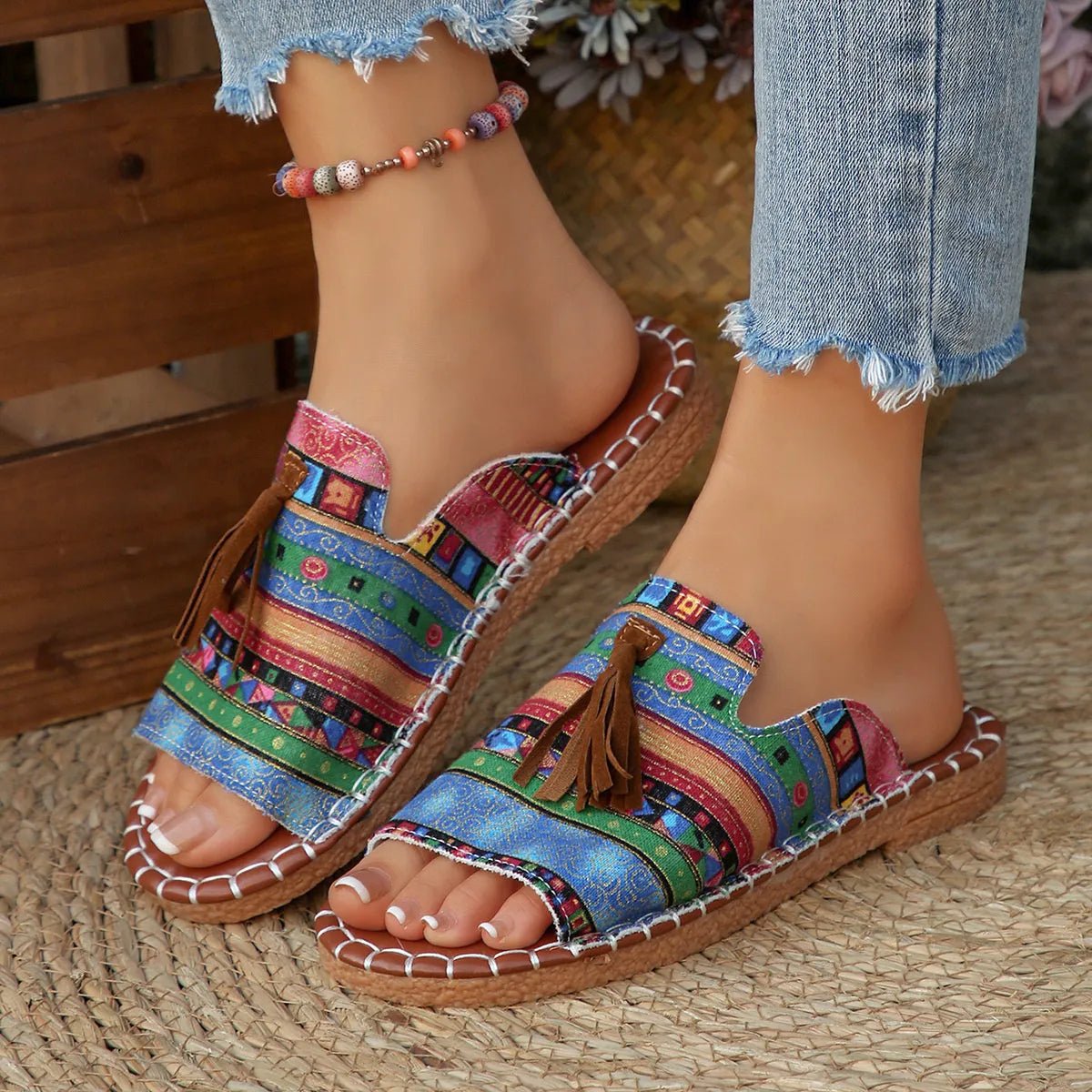 Printed Tassel Flat Sandals - Easy Pickins Store