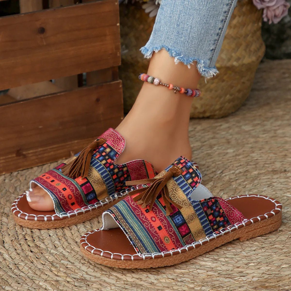 Printed Tassel Flat Sandals - Easy Pickins Store