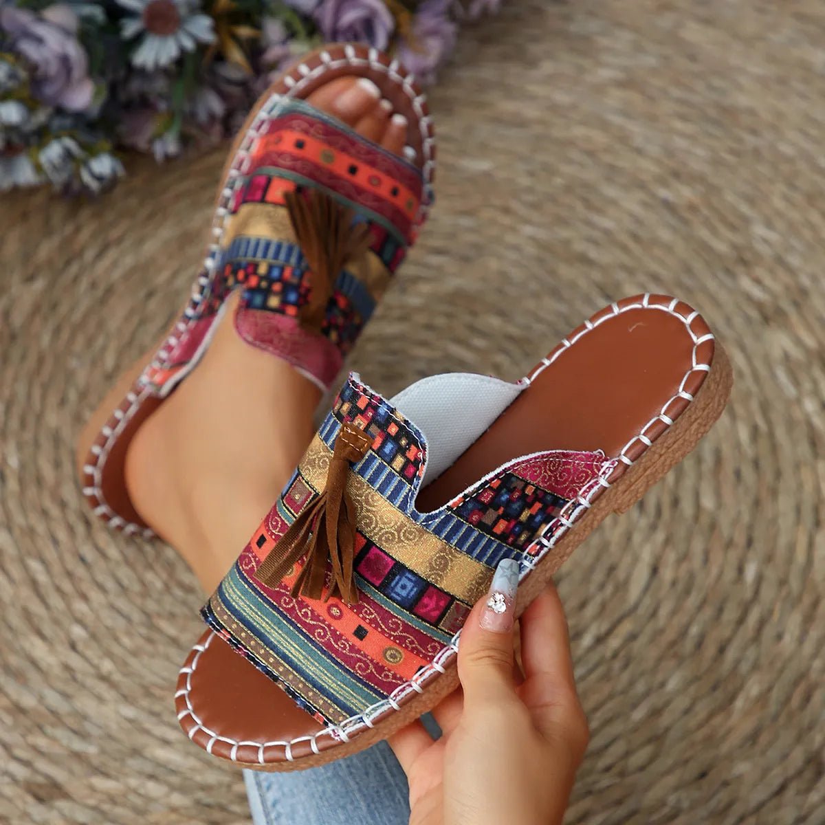 Printed Tassel Flat Sandals - Easy Pickins Store