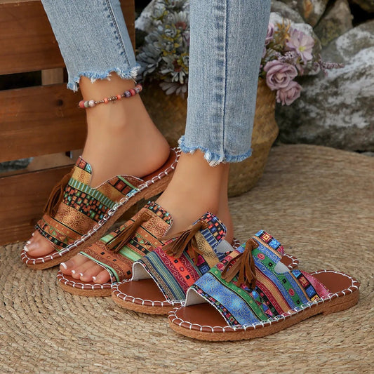 Printed Tassel Flat Sandals - Easy Pickins Store