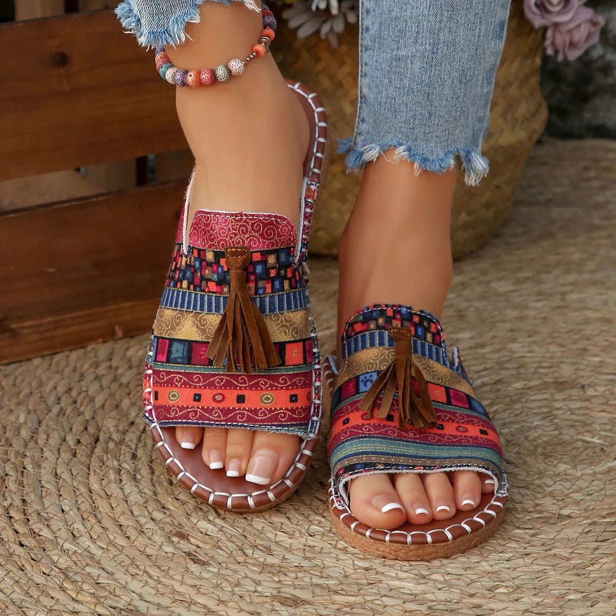Printed Tassel Flat Sandals - Easy Pickins Store