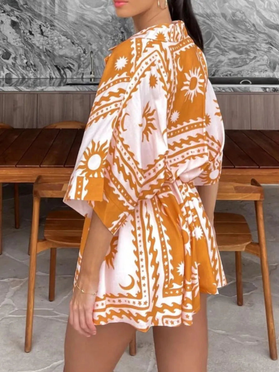 Printed Tie Waist Half Sleeve Romper - Easy Pickins Store