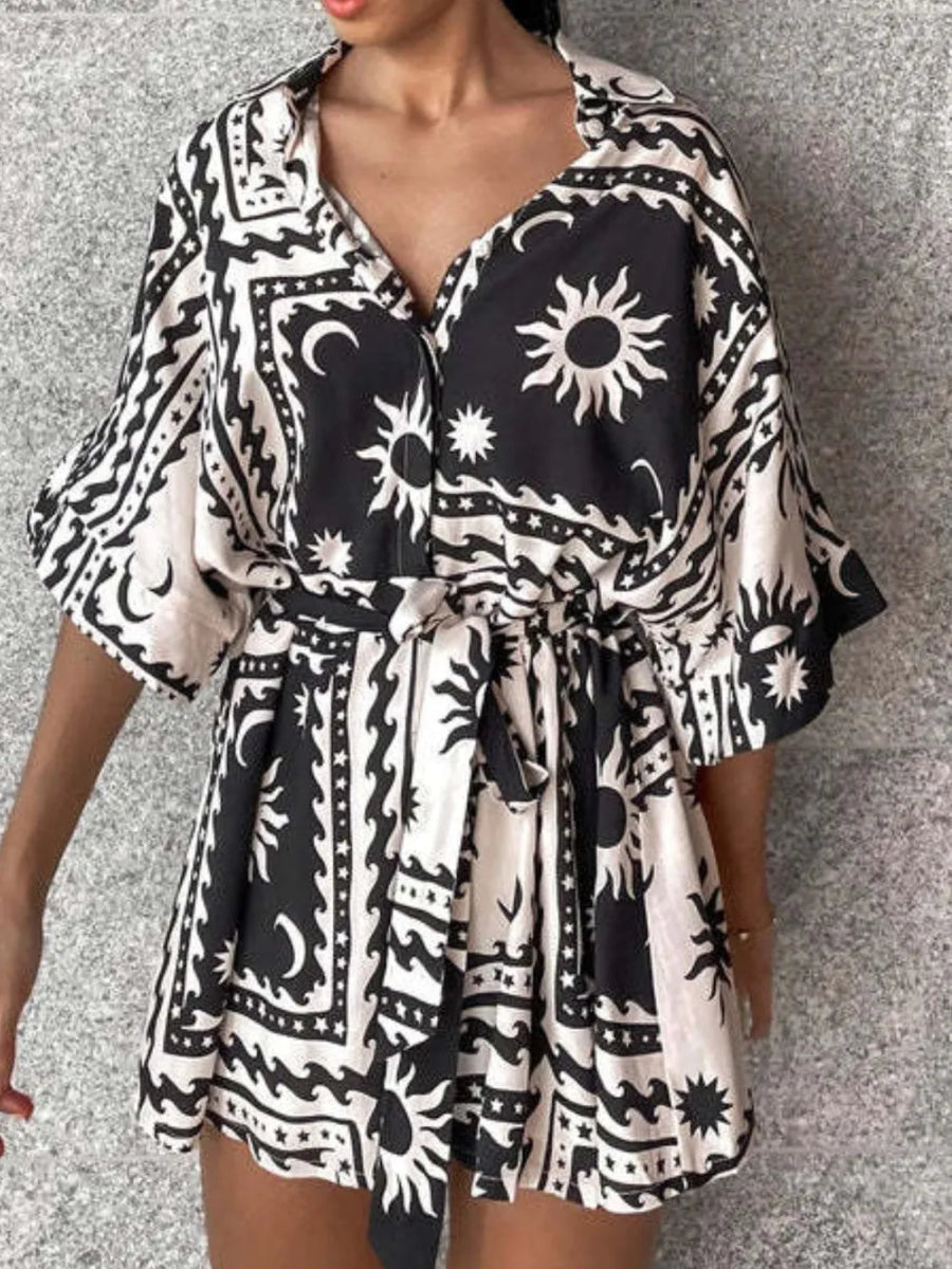 Printed Tie Waist Half Sleeve Romper - Easy Pickins Store