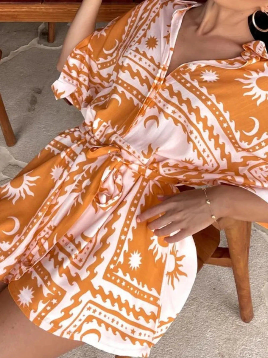 Printed Tie Waist Half Sleeve Romper - Easy Pickins Store