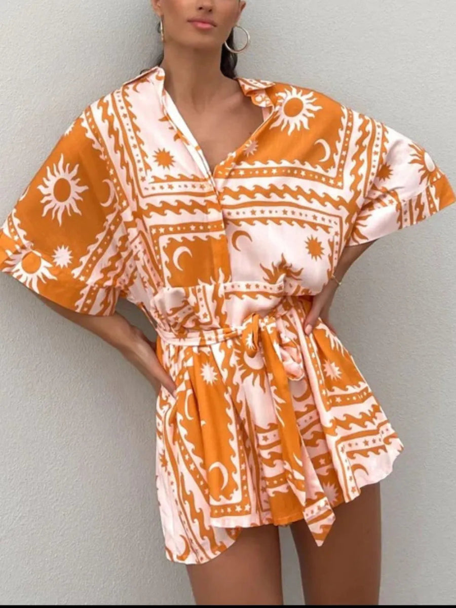 Printed Tie Waist Half Sleeve Romper - Easy Pickins Store
