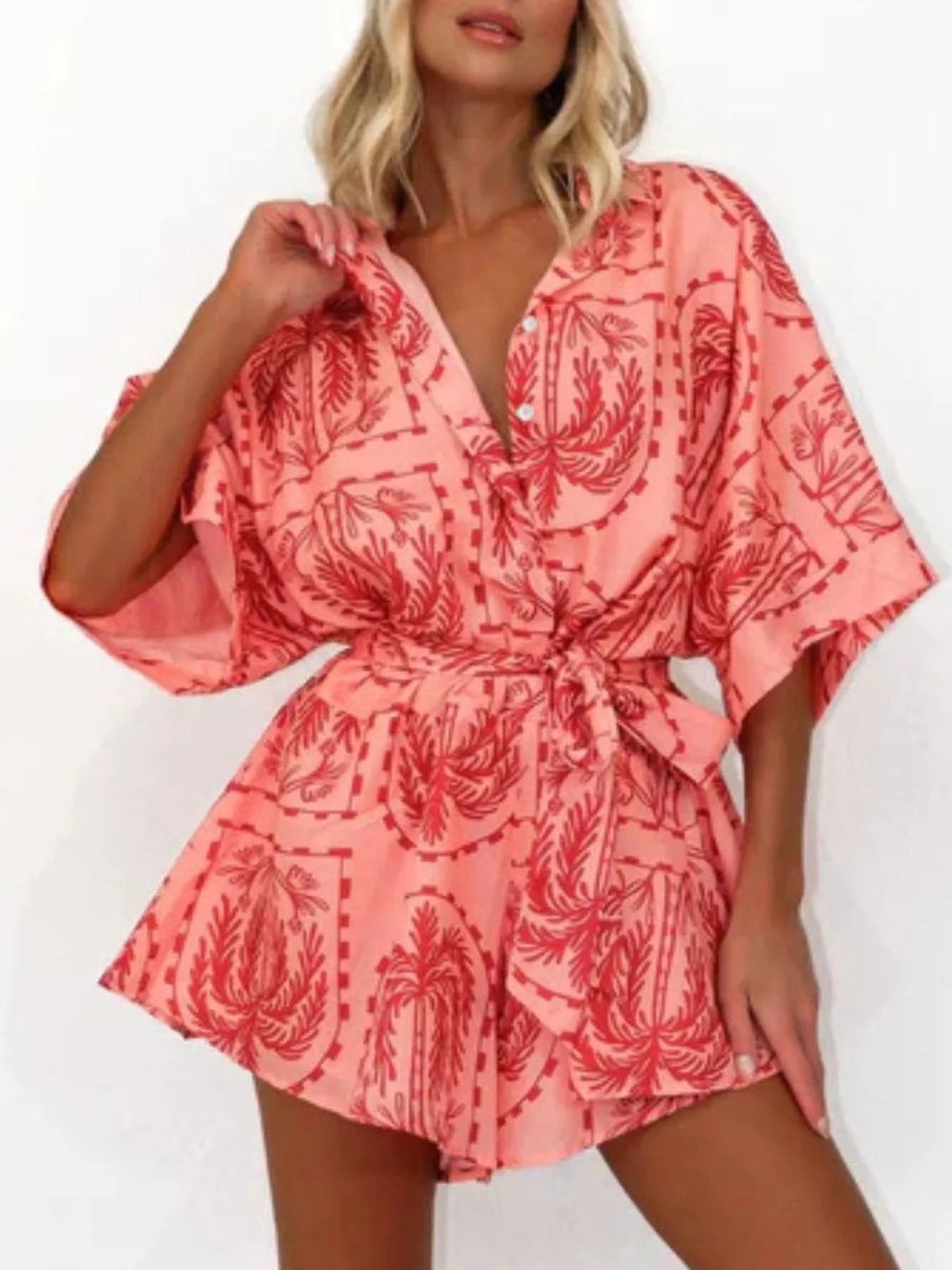 Printed Tie Waist Half Sleeve Romper - Easy Pickins Store