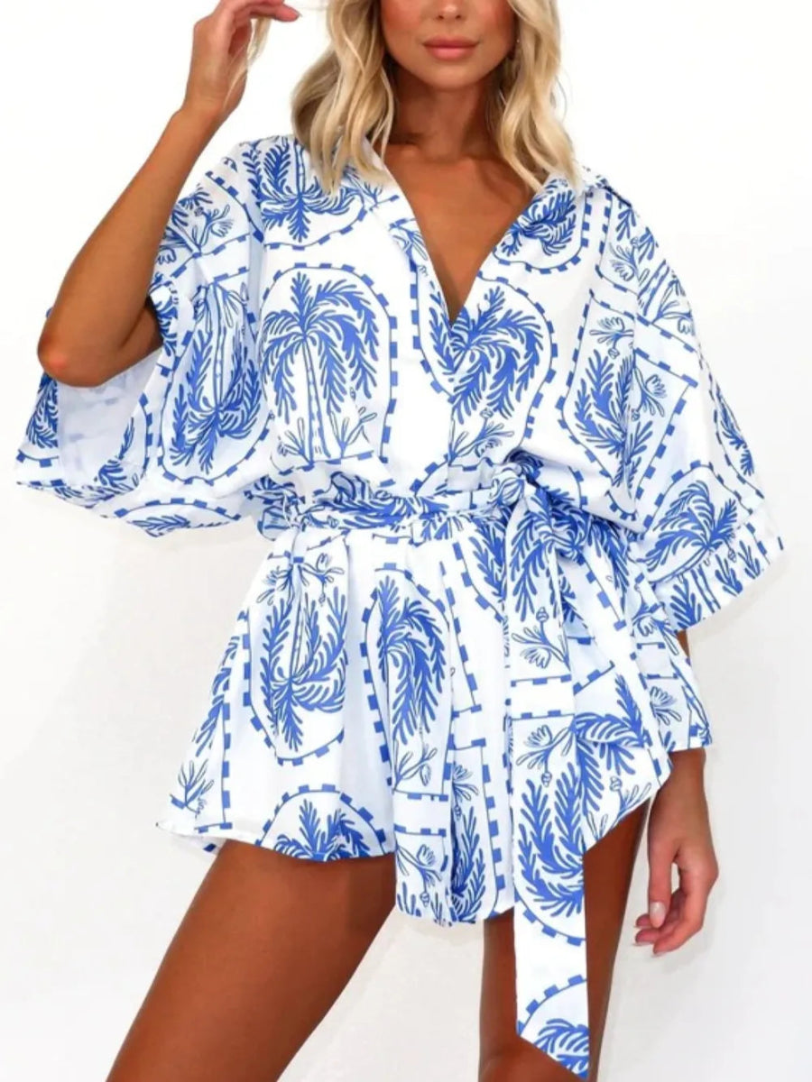 Printed Tie Waist Half Sleeve Romper - Easy Pickins Store