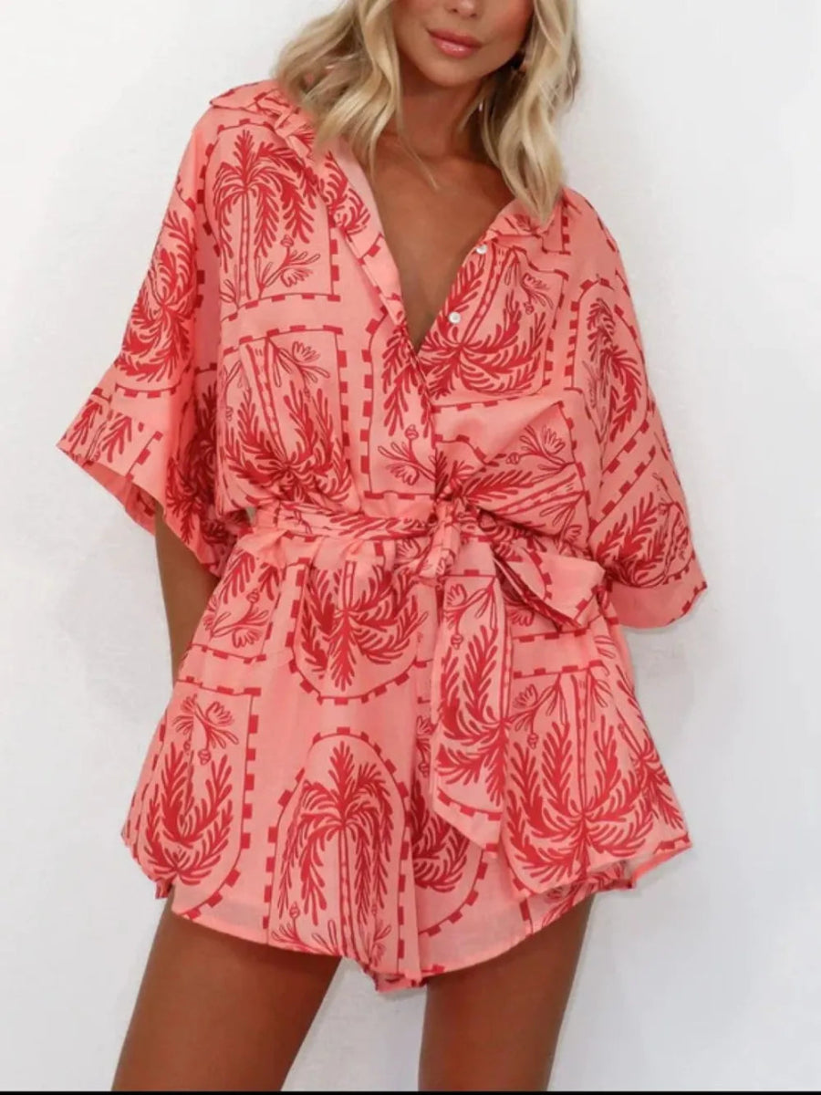 Printed Tie Waist Half Sleeve Romper - Easy Pickins Store