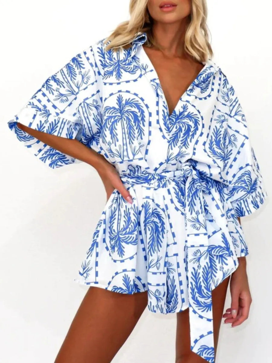 Printed Tie Waist Half Sleeve Romper - Easy Pickins Store