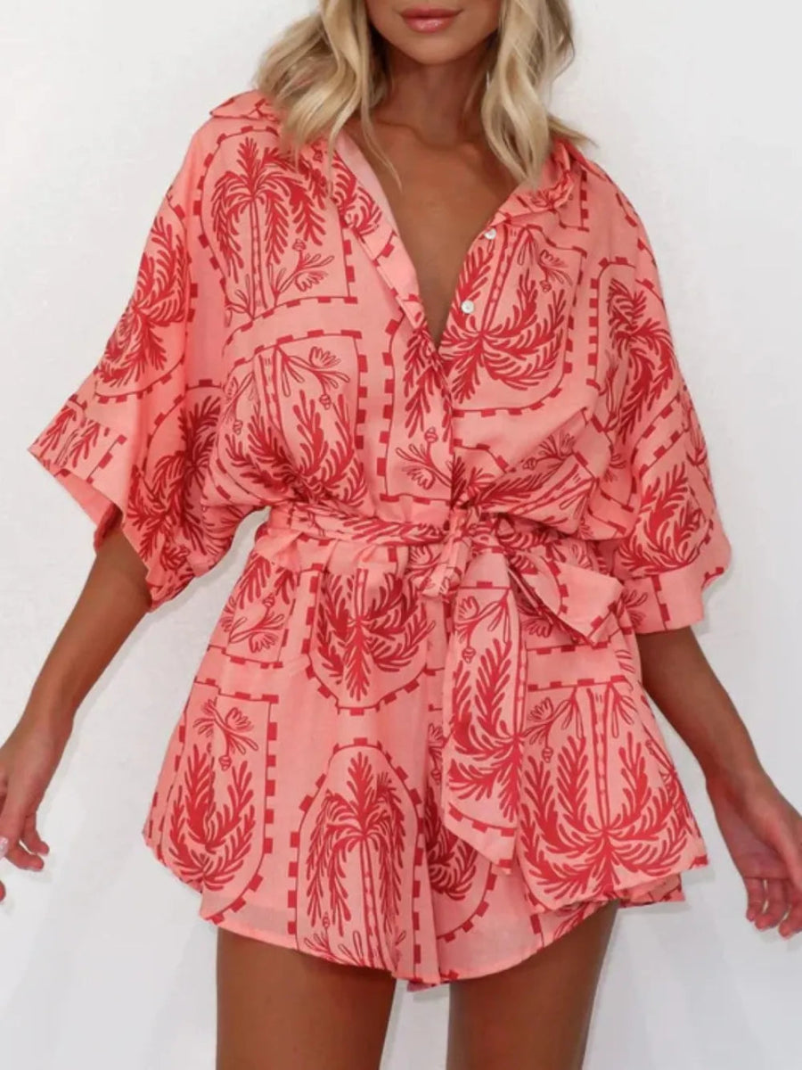 Printed Tie Waist Half Sleeve Romper - Easy Pickins Store