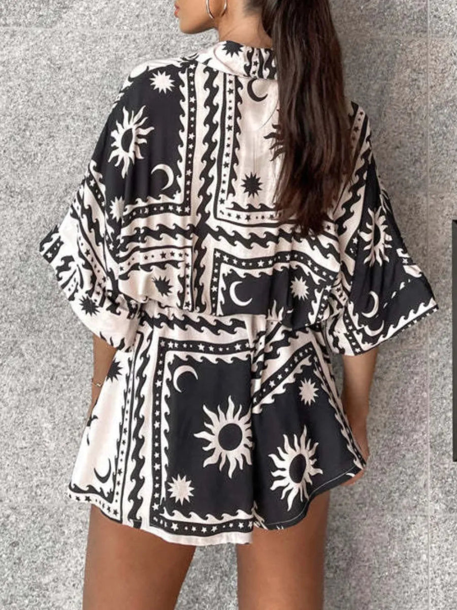 Printed Tie Waist Half Sleeve Romper - Easy Pickins Store