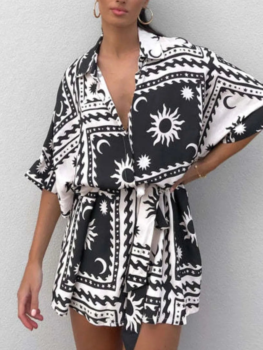 Printed Tie Waist Half Sleeve Romper - Easy Pickins Store