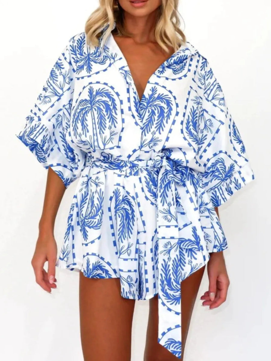 Printed Tie Waist Half Sleeve Romper - Easy Pickins Store