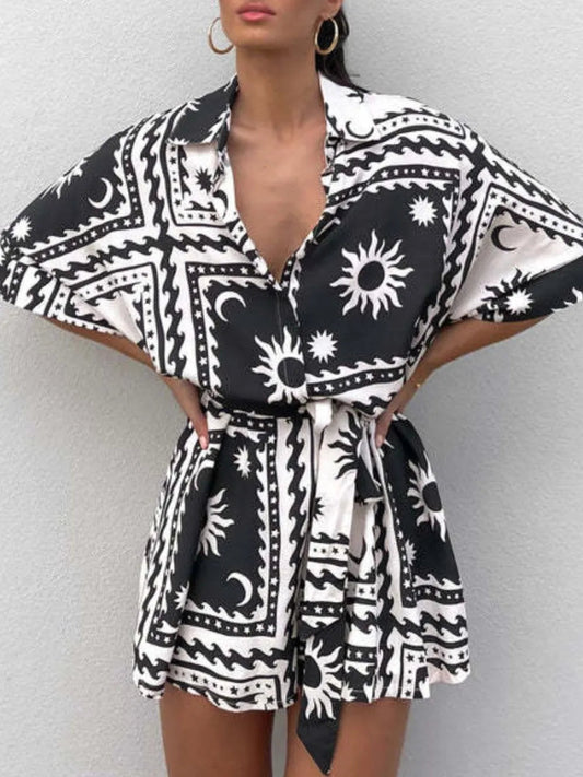 Printed Tie Waist Half Sleeve Romper - Easy Pickins Store