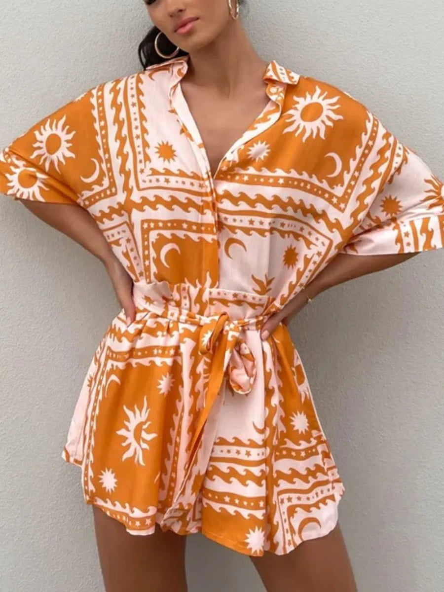 Printed Tie Waist Half Sleeve Romper - Easy Pickins Store