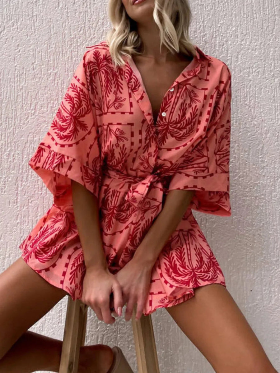 Printed Tie Waist Half Sleeve Romper - Easy Pickins Store