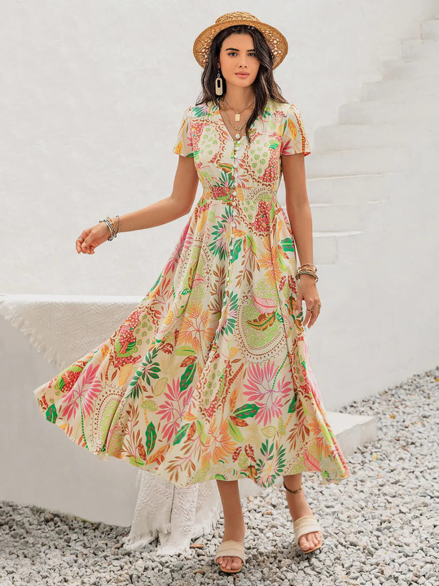 Printed V - Neck Short Sleeve Midi Dress - Easy Pickins Store