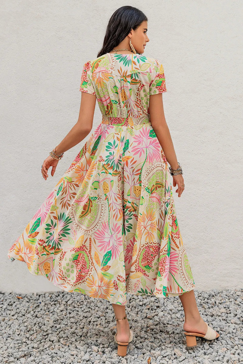 Printed V - Neck Short Sleeve Midi Dress - Easy Pickins Store