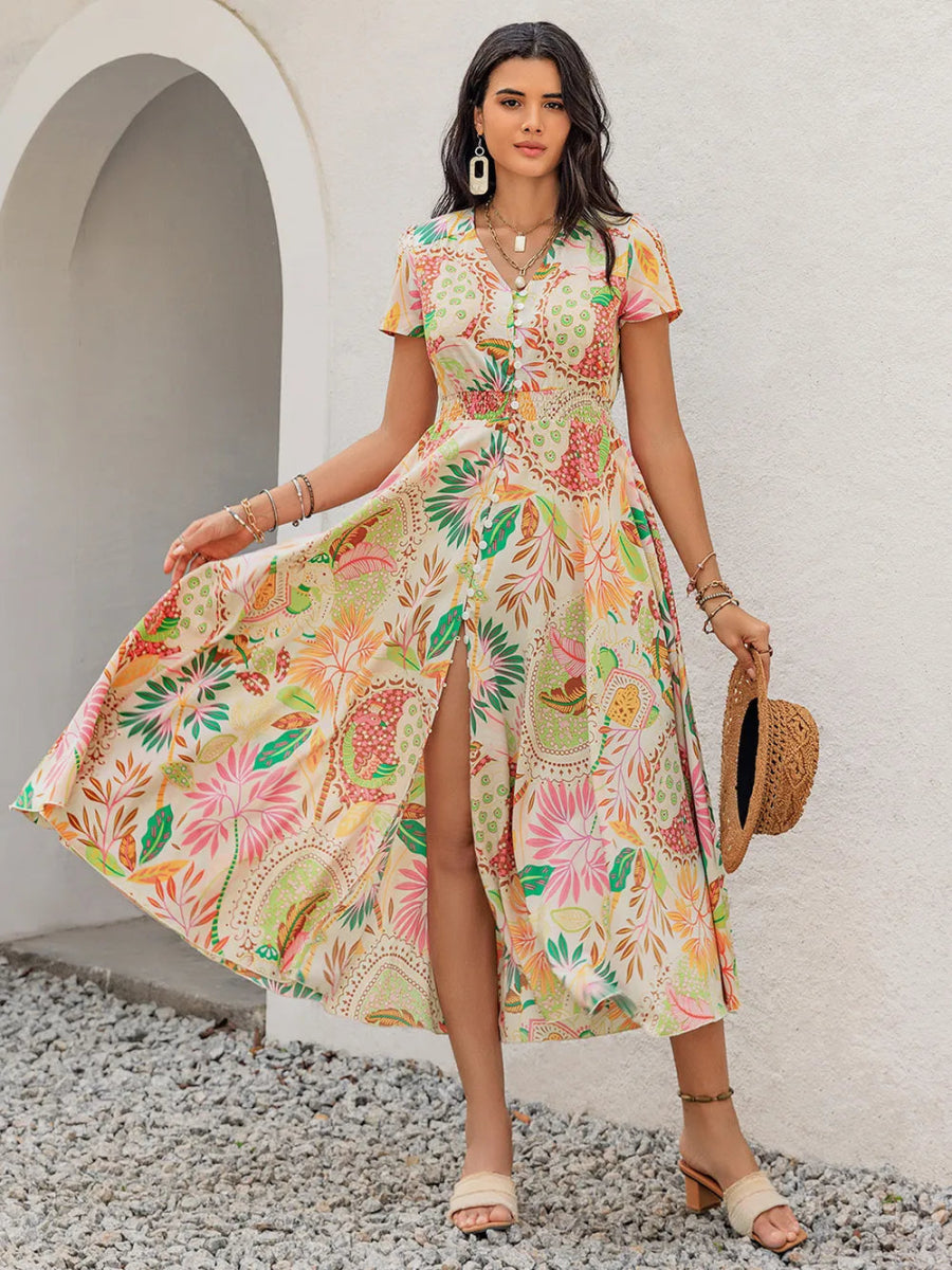 Printed V - Neck Short Sleeve Midi Dress - Easy Pickins Store