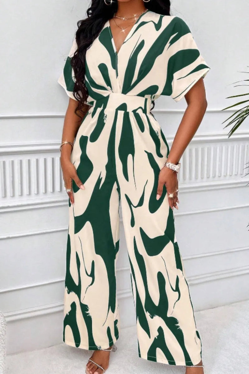 Printed V - Neck Short Sleeve Wide Leg Jumpsuit - Easy Pickins Store