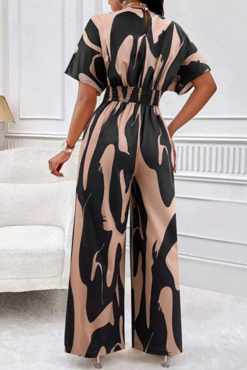 Printed V - Neck Short Sleeve Wide Leg Jumpsuit - Easy Pickins Store