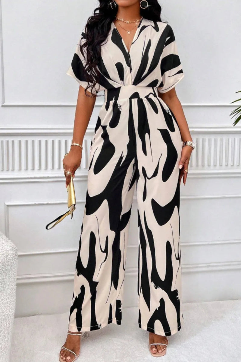 Printed V - Neck Short Sleeve Wide Leg Jumpsuit - Easy Pickins Store
