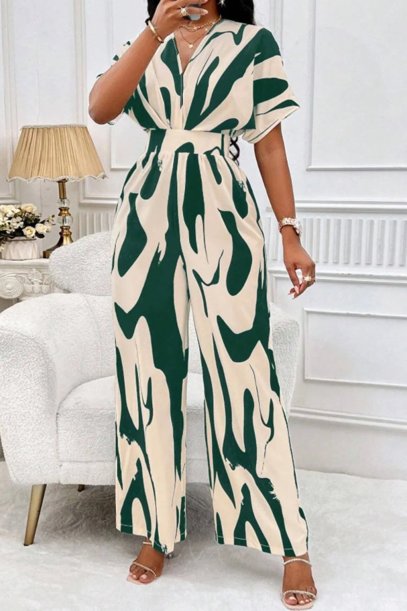 Printed V - Neck Short Sleeve Wide Leg Jumpsuit - Easy Pickins Store
