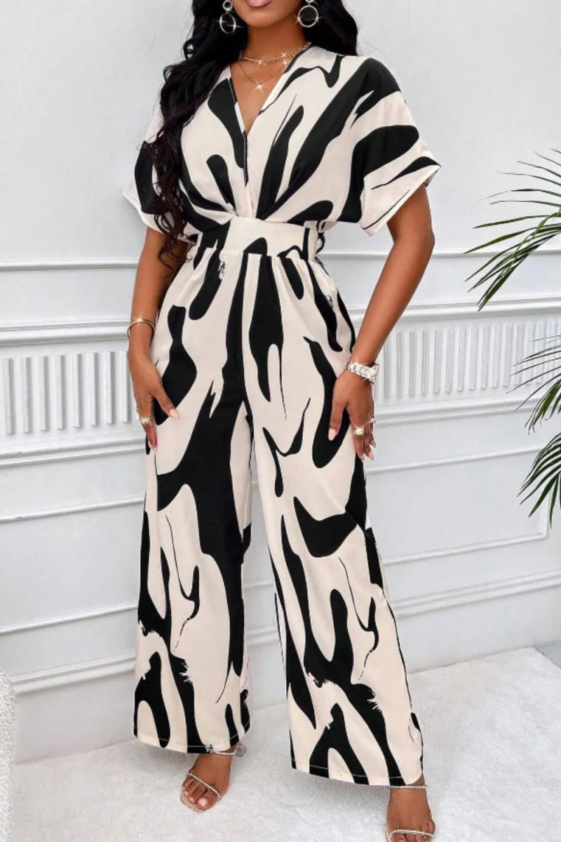 Printed V - Neck Short Sleeve Wide Leg Jumpsuit - Easy Pickins Store