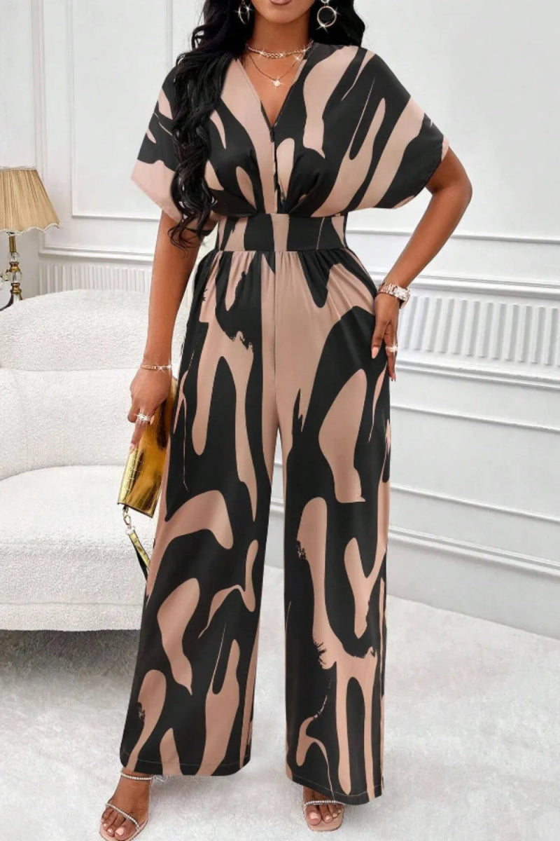 Printed V - Neck Short Sleeve Wide Leg Jumpsuit - Easy Pickins Store