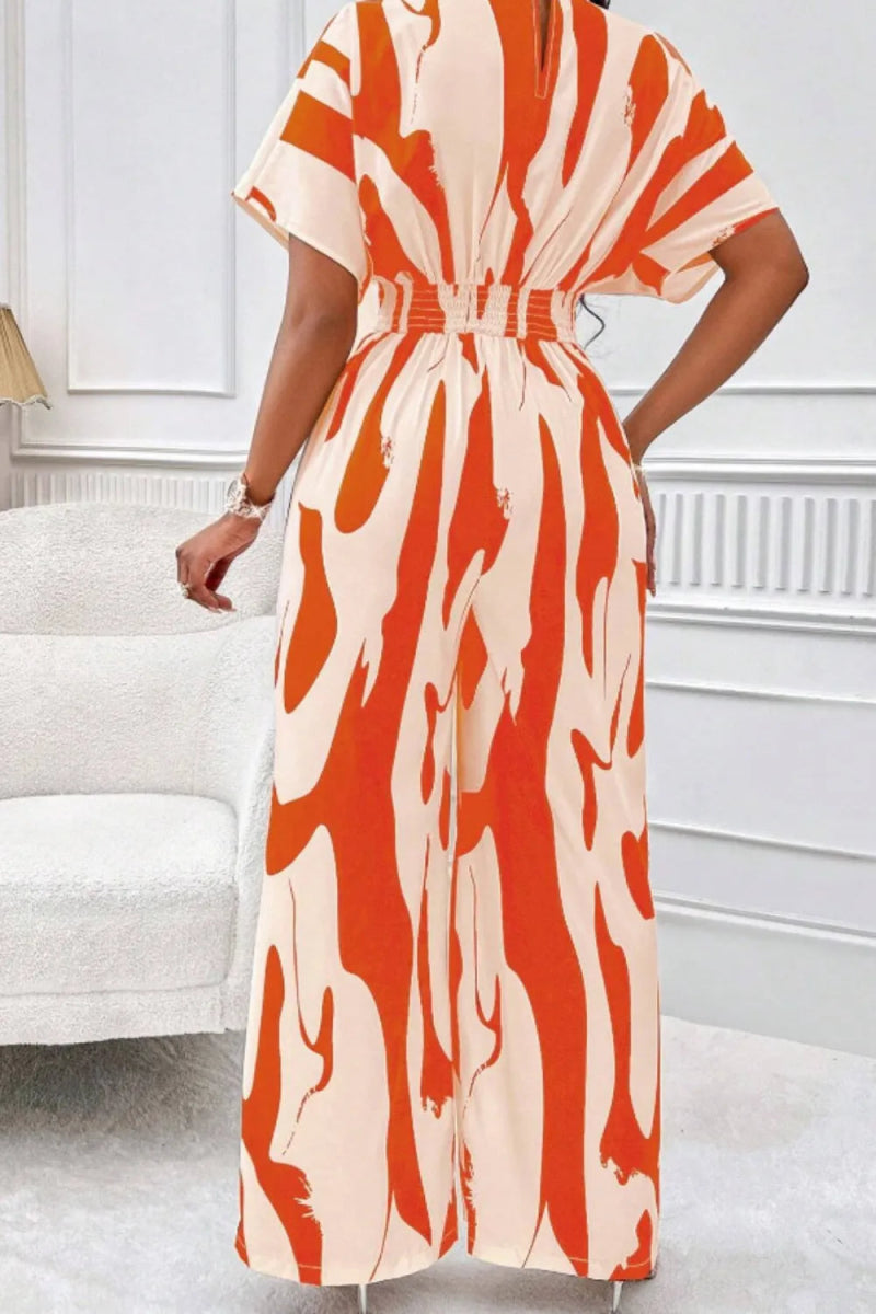 Printed V - Neck Short Sleeve Wide Leg Jumpsuit - Easy Pickins Store