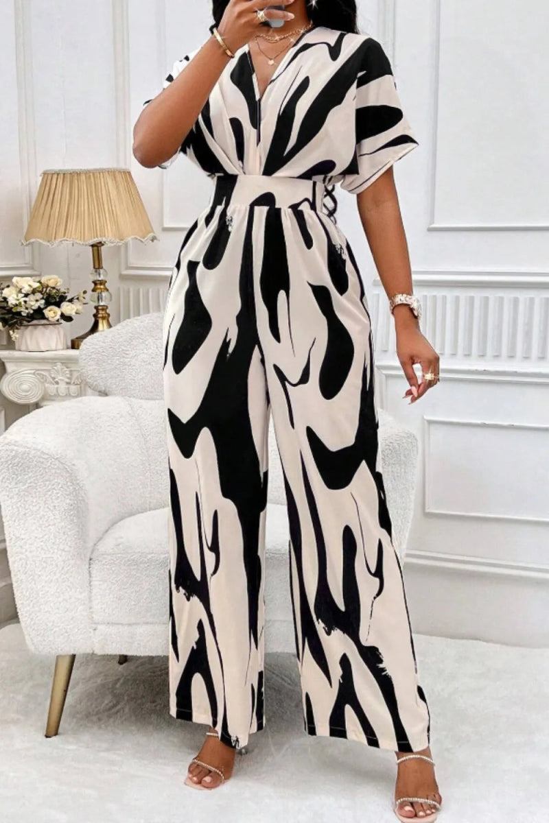 Printed V - Neck Short Sleeve Wide Leg Jumpsuit - Easy Pickins Store